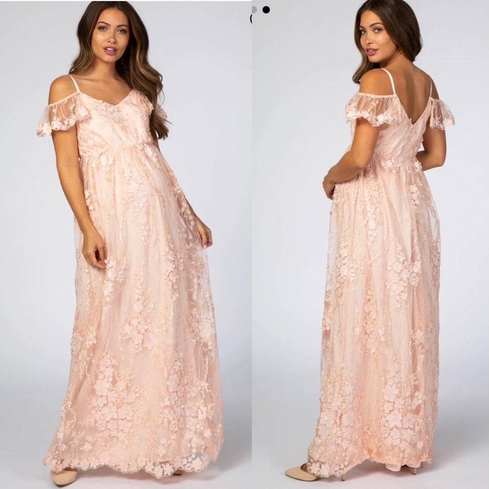 Pinkblush Light Pink Floral Embroidered Mesh Maternity Evening Gown